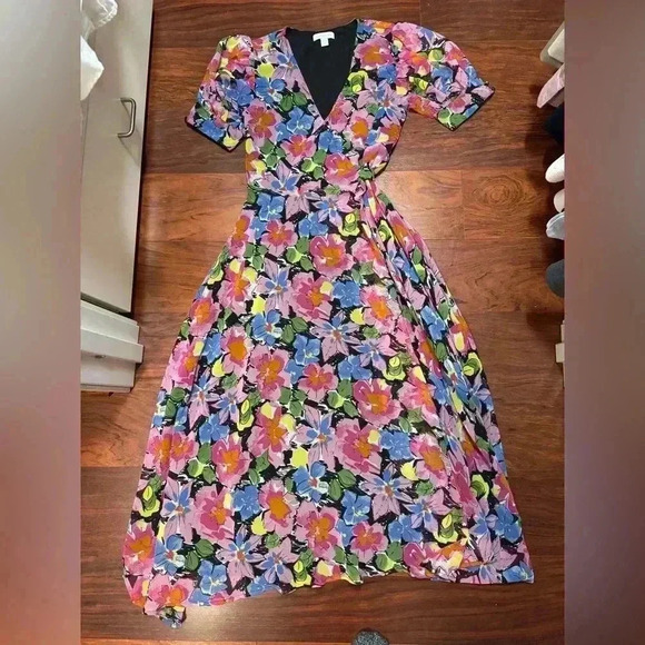 Topshop Print Wrap Midi Dress in Pink Multi Size 2 - Picture 5 of 8